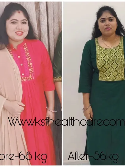 A full-body view of Ms. Pooja's transformation. Her journey shows how a structured diet and home workouts can lead to significant fat loss and health improvements.