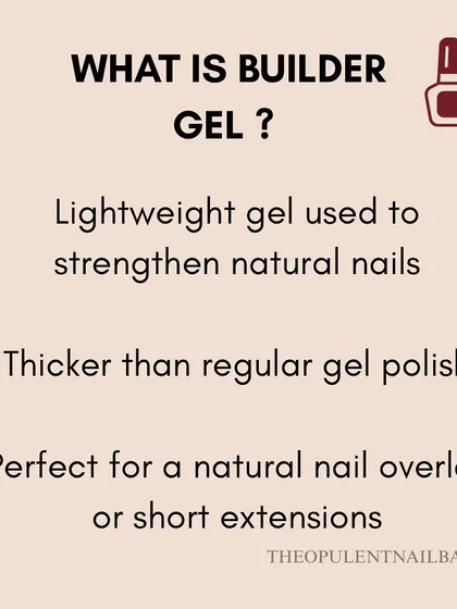 A quick breakdown of what builder gel is. It's a lightweight, thicker-than-polish gel used to strengthen natural nails or create short extensions.