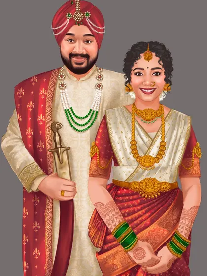 This is the complete illustrated portrait of the couple, hand-drawn with care. It's a perfect piece of art to announce a wedding and to cherish as a keepsake for years to come.