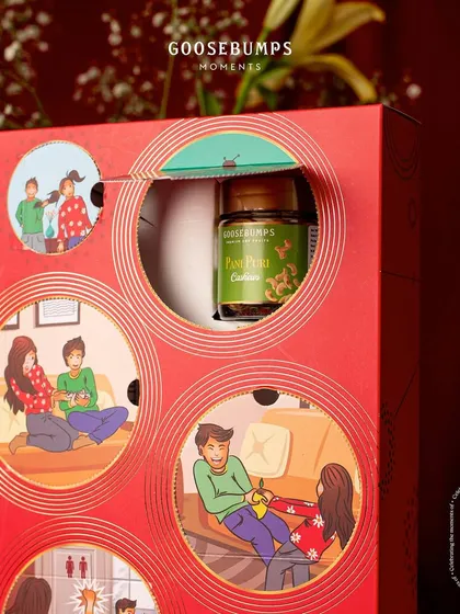 The unboxing is an adventure. Here you can see how you tear open a perforated window, revealing a jar of Pani Puri Cashews hidden behind an illustration of a classic sibling moment.