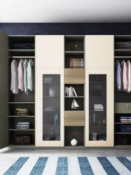 This reach-in wardrobe uses a mix of open shelving, hanging space, and glass-fronted cabinets. The design allows for both easy access and attractive display of books, decor, and clothing.
