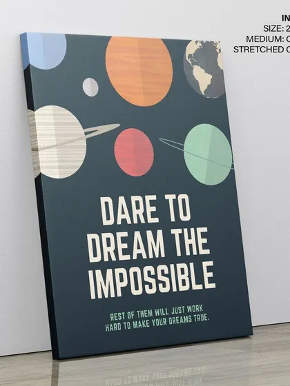 This image shows the "Dare to Dream" artwork as a stretched canvas. The frameless design gives the vintage-inspired space poster a clean and contemporary feel.