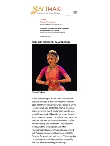 It was a special moment to be featured in Narthaki's 'Taalam' column alongside my Guru, Sri P. Praveen Kumar, after we both performed at the same festival.