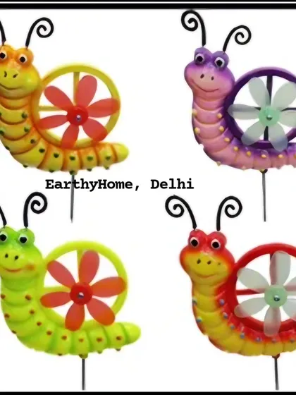 These snail garden sticks feature a pinwheel that spins in the breeze. They are a fun and interactive decoration for your potted plants.