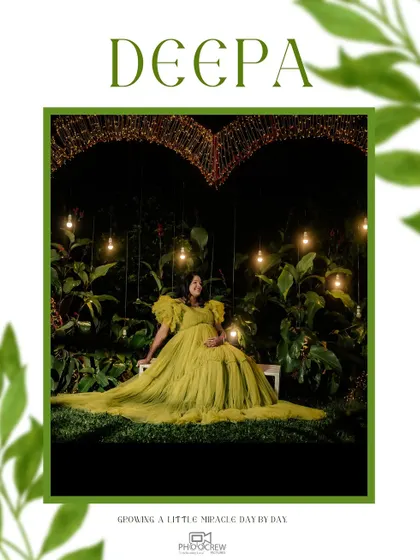 A showcase of our creative night-time maternity shoots. Here, Deepa is seated in a lush garden setting, illuminated by hanging bulbs and a heart-shaped light installation, creating a truly magical and romantic atmosphere.