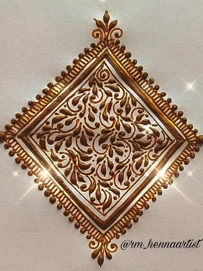 A unique, diamond-shaped mandala filled with intricate leafy vines. This shows how you can move beyond circular shapes to create modern and geometric henna motifs.