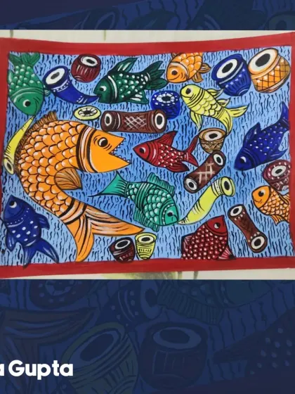 Rita Gupta's interpretation of the Bengal Pathachitra "Fish Wedding." The painting is full of movement and color, capturing the celebratory spirit of the theme.