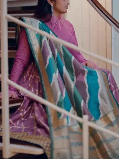 A final shot from the Swati & Sunaina campaign, featuring a unique drape on a luxurious silk saree.