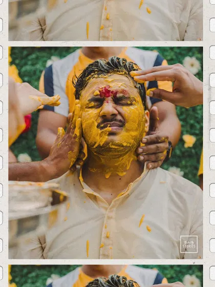 An artistic shot of the groom's face being covered in turmeric, framed to look like a film strip, capturing the playful chaos.