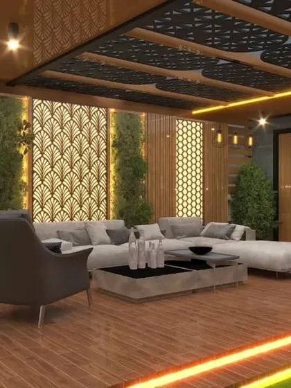 A luxurious semi-covered lounge concept for a project in Paschim Vihar. The 3D render showcases decorative backlit panels, a designer ceiling, and a large sectional sofa on a wooden deck.