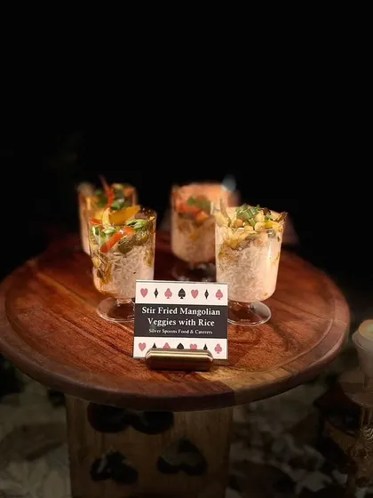 For this Diwali party, we served Stir Fried Mongolian Veggies with Rice in individual cups. This presentation makes it easy for guests to enjoy a flavorful and hearty bite while mingling.