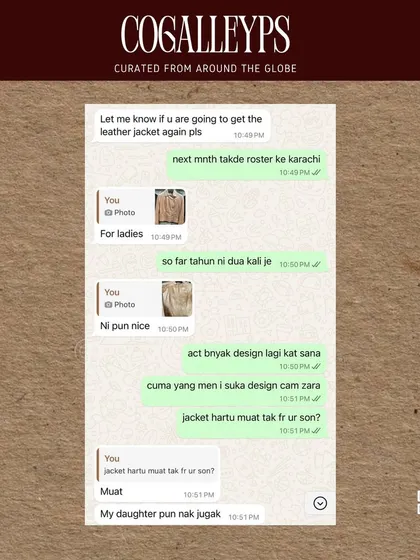 A conversation with a customer asking about the leather jackets from Karachi. I always try to be transparent about my travel roster and when specific items will be available.