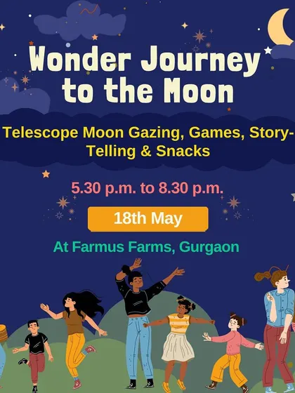 The event poster for our 'Wonder Journey to the Moon' workshop, including games, storytelling, and snacks.