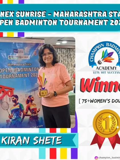 A fantastic win for our trainee Kiran Shete, who secured the gold medal in the 75+ Women's Doubles at the Yonex Sunrise Maharashtra State Open Badminton Tournament.
