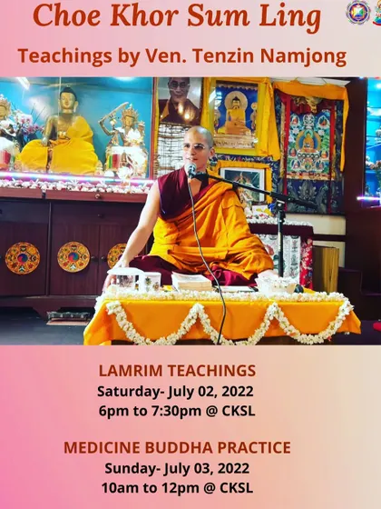 Venerable Tenzin Namjong, seen here teaching at our center, leads a weekend of Lamrim and Medicine Buddha practice. His guidance helps us connect with the healing energies of the enlightened beings.