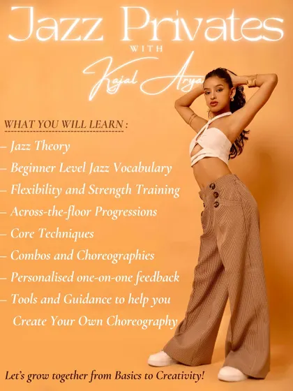 Thinking about personalized training? My private jazz lessons are designed to help you grow from basics to creativity. This poster outlines the curriculum, from jazz theory and vocabulary to building your own choreography with one-on-one feedback.