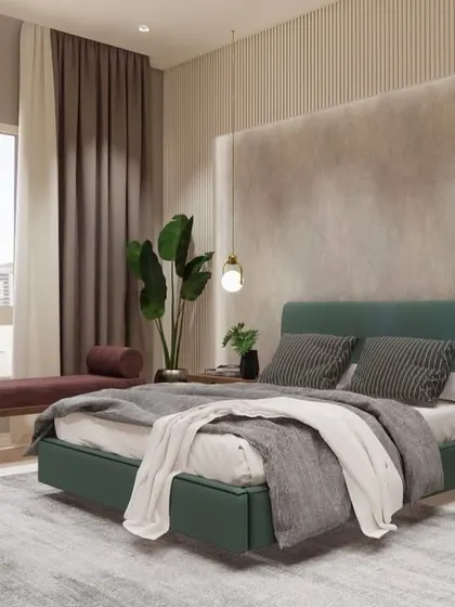 A render of the pastel bedroom, exploring a different layout with a deep green bed and a rich maroon bench.