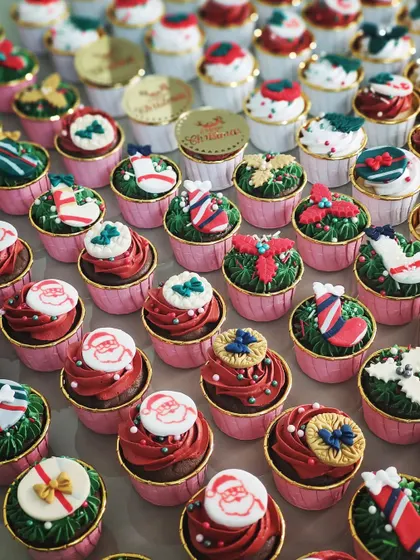 A large order of my handcrafted Christmas cupcakes. This assortment includes various festive designs like Santa Claus faces, wreaths, stockings, and presents, perfect for corporate parties or family gatherings.