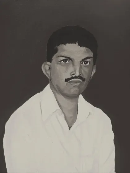 The same acrylic portrait, presented in black and white to emphasize the light, shadow, and expression of the subject.