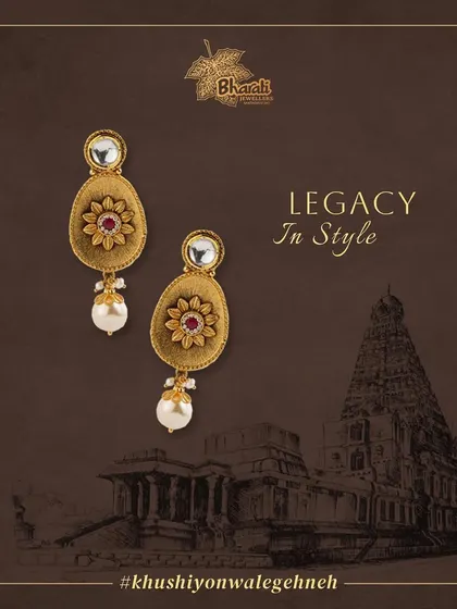Legacy in style. These exquisite earrings are crafted with a mesmerizing matte gold surface, adorned with delicate flower patches, and enriched with the regal allure of Kundan and a single pearl drop.