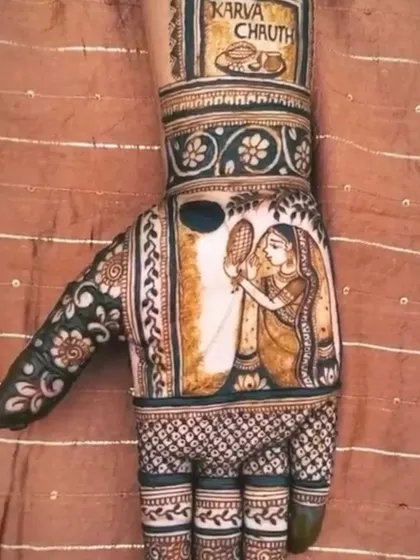 This Karwa Chauth special design shows a woman with the ceremonial thali and sieve, a beautiful depiction of the festival's traditions.