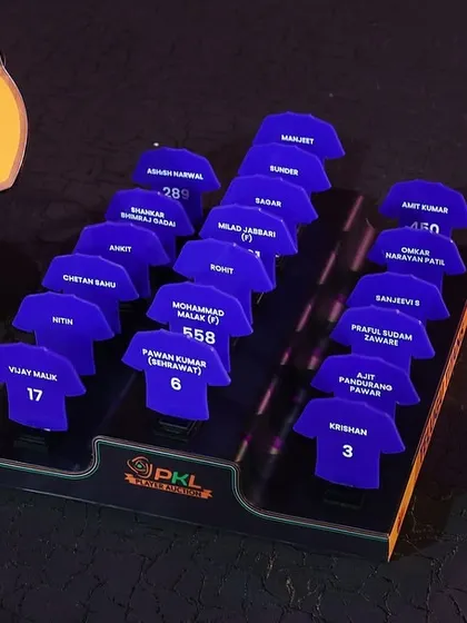 The custom paddle and team roster display for the Telugu Titans at the PKL auction. We create bespoke props and materials for each team participating in the auction.