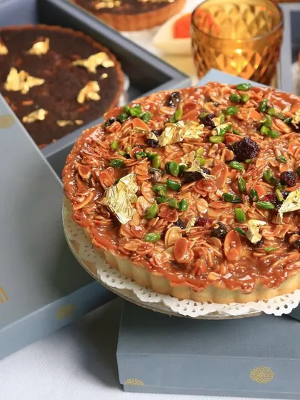 Our badam halwa pie, with a crunchy, nutty topping, is another festive favourite. It’s a modern interpretation of a classic dessert, perfect for gifting or enjoying yourself.