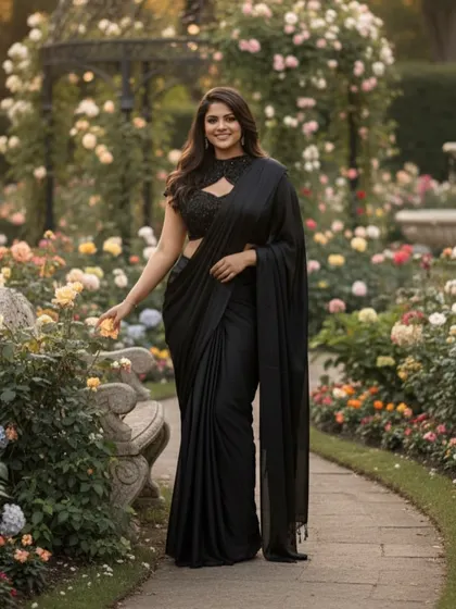 The full look of the black saree-gown in a beautiful garden setting. It’s a versatile rental piece for any formal event.
