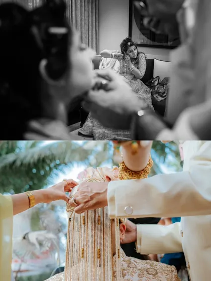 A collage of getting-ready moments for both the bride and groom, showing the parallel preparations before they unite at the ceremony.