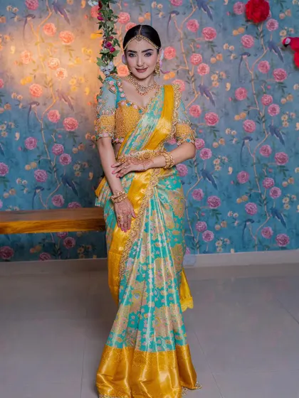 A full-length view of the model, showcasing the complete bridal ensemble we created.