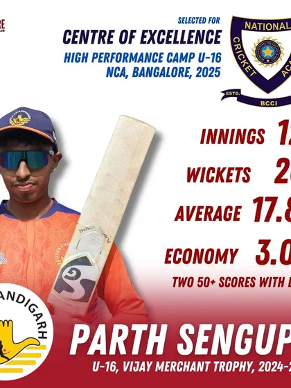 A proud moment for the academy. Parth Sengupta's selection for the NCA High Performance Camp is a testament to his hard work and our focus on all-round development. With 26 wickets and solid batting performances, he has shown that a strong foundation in technique is the key to success.