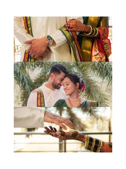A creative collage focusing on the couple's hands and their intimate embrace, telling a story of connection and unity.