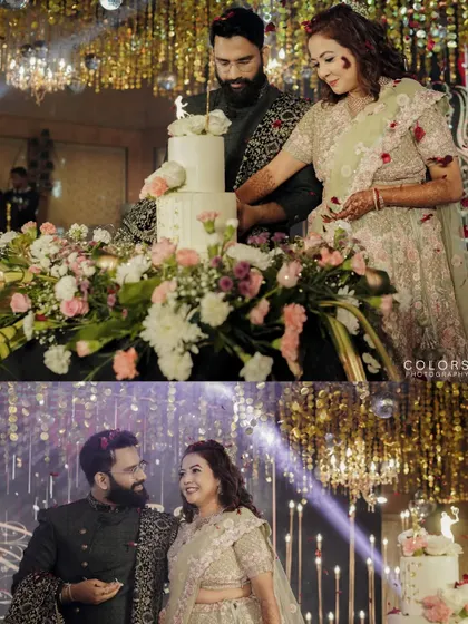 A collage showing the cake cutting and a sweet, candid moment between the couple at their reception.