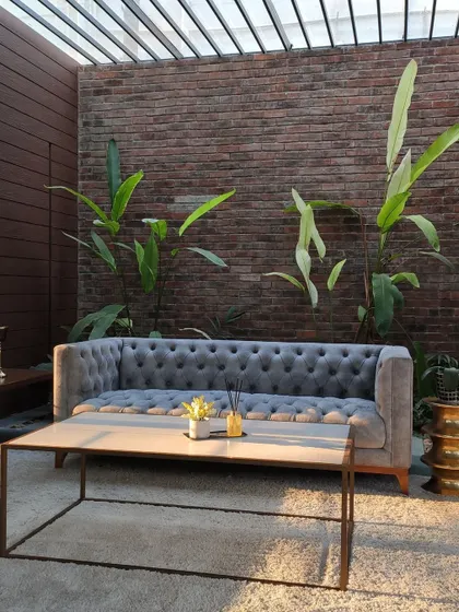 Golden hour light streams into the lounge, highlighting the textures of the tufted sofa, the exposed brick wall, and the lush indoor plants.