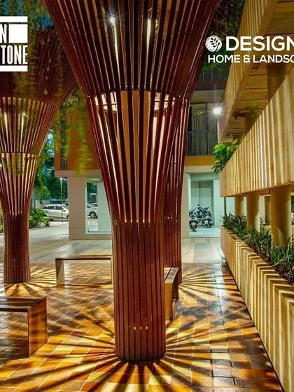 As a sponsor for Design Milestone, we showcase how creative structures can redefine public spaces. These illuminated wooden pillars create a stunning visual effect.