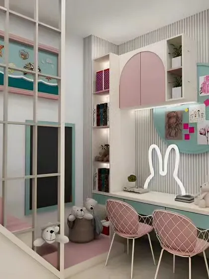 A lovely pastel-colored study area for two. This design features a shared desk, individual pinboards, and plenty of shelving, making homework time a little more fun.