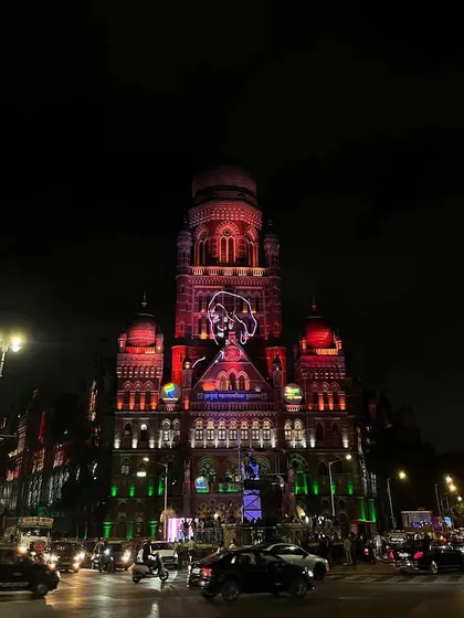 The BMC building facade featuring a projected image of Dr. B.R. Ambedkar during the Independence Day illuminations.