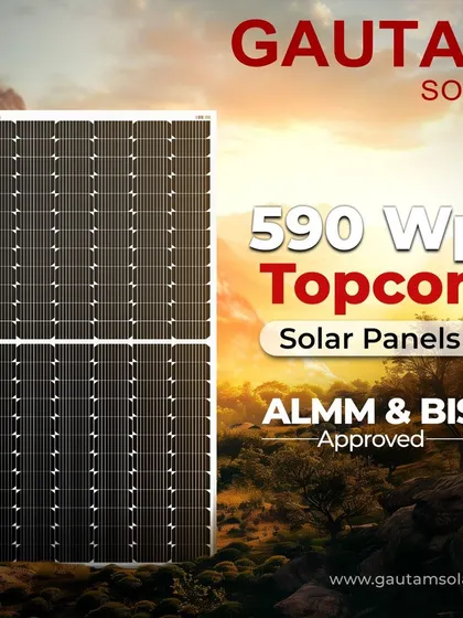 We offer ALMM-enlisted and BIS-approved 590 Wp TOPCon Solar Panels. This cutting-edge technology achieves an impressive 22.82% efficiency and excels in low light conditions, representing the future of solar energy.