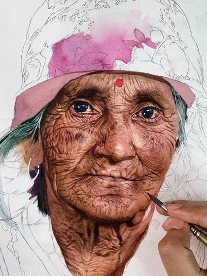 A work-in-progress shot from an advanced portrait workshop. Here, the face is nearly complete, showing the level of detail I teach my students to achieve.