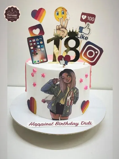 An 18th birthday cake for a social media lover. The design incorporates edible prints of social media icons, emojis, and a personalized cartoon illustration of the birthday girl.