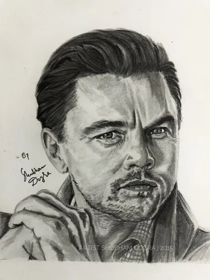 A pencil portrait of Hollywood legend Leonardo DiCaprio. This sketch from 2015 focuses on his intense and expressive gaze.