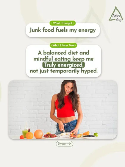 I used to think junk food fueled my energy. Now I know that a balanced diet and mindful eating keep me truly energized. This is part of the unlearning journey that yoga inspires, helping you replace burnout culture with mindful living.