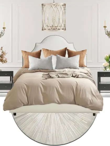 A mood board for a bedroom, focusing on a neutral, serene aesthetic with classic furniture and elegant lighting. This helps set the tone for the entire room.