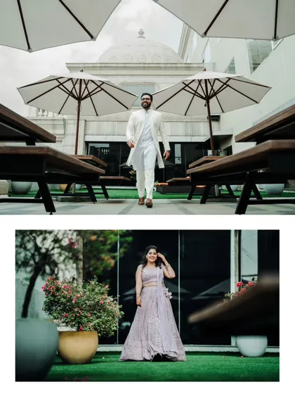 A collage of stylish individual portraits of the bride and groom-to-be on their engagement day, set against a modern, outdoor backdrop.