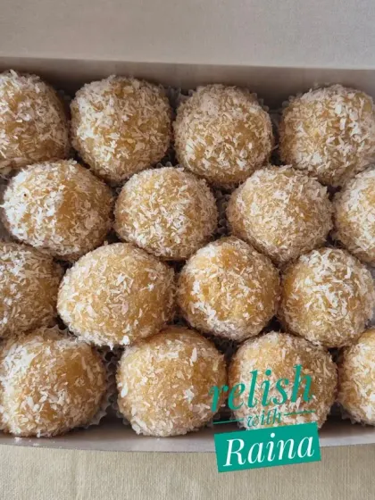 My Coconut Laddoos made with jaggery, giving them a beautiful golden hue and a richer, caramel-like flavor.