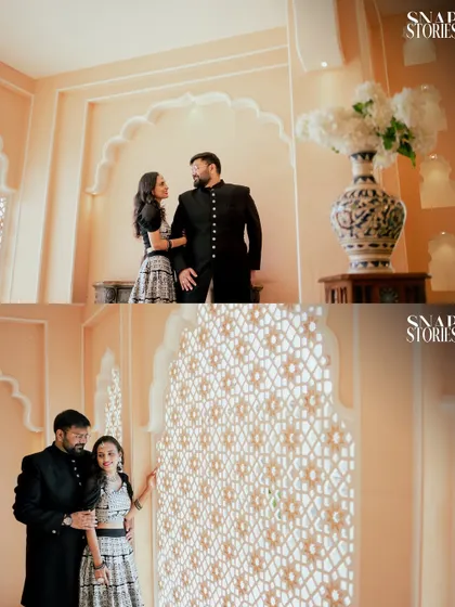 A two-panel image showing the couple interacting within a room featuring beautiful latticework, showcasing different angles and poses from their heritage pre-wedding shoot.