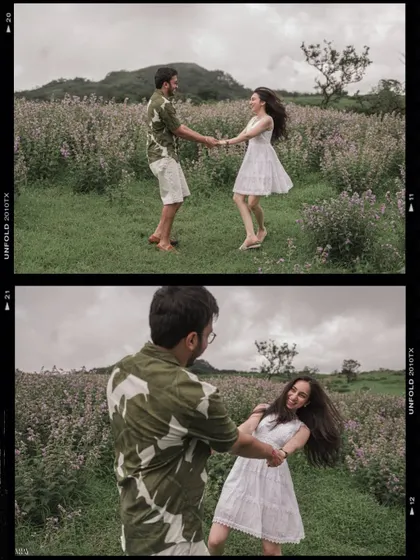 A diptych of the couple dancing and laughing in the field, full of movement and joy.