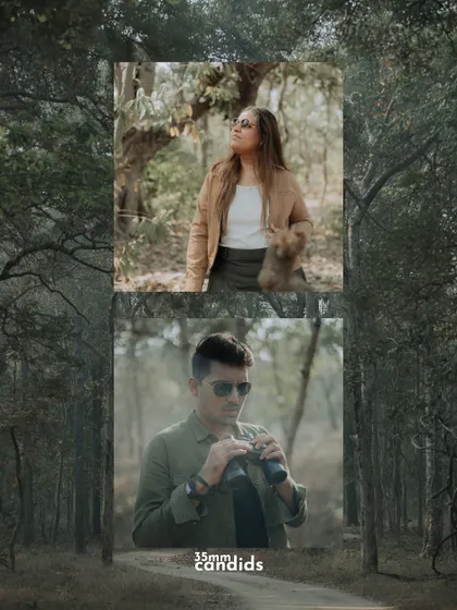 Individual portraits of the couple in the forest, framed by the natural environment. It highlights their personalities within the wild setting.