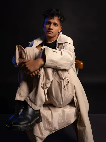 A seated portrait with a modern, high-fashion feel. This shows my versatility as a performer and model.