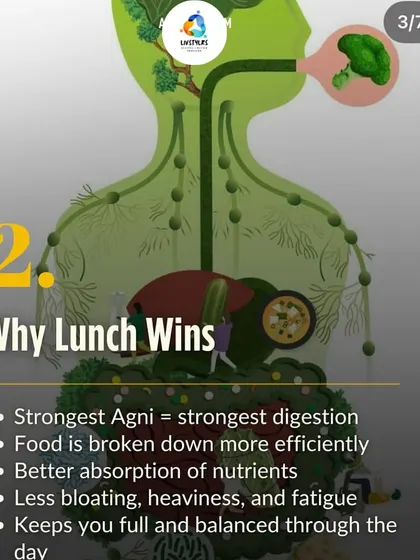 Lunch wins because your digestive fire (Agni) is at its peak. This means better breakdown of food, more efficient nutrient absorption, and less bloating, heaviness, and fatigue throughout the day.